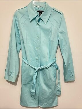 Apostrophe Stretch Light Aqua Teal Trench Coat Size 8